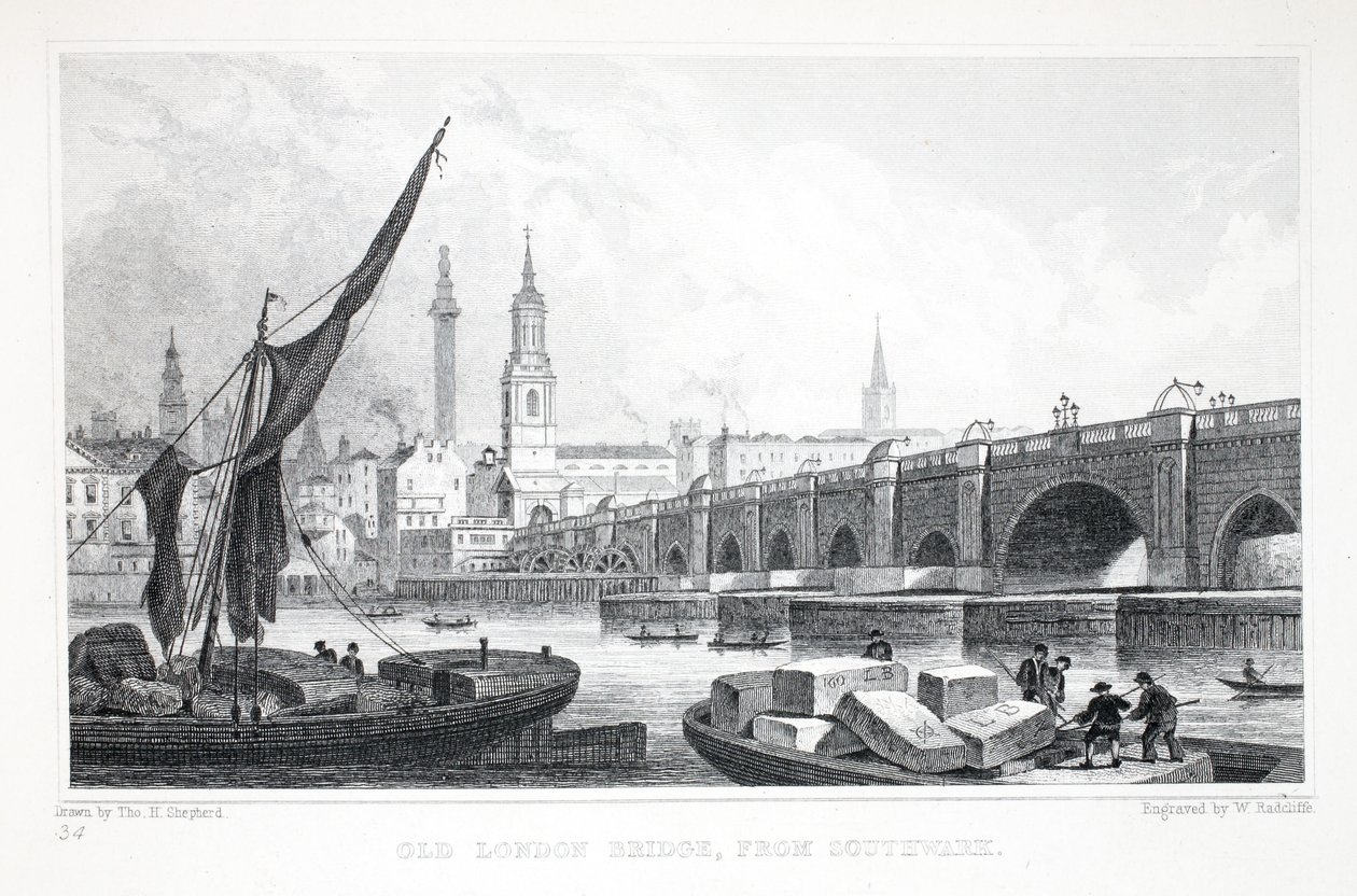 Puente de Londres Antiguo, desde Southwark, de 