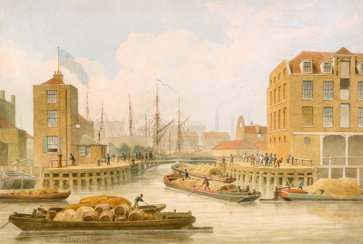 Puertas de entrada del Canal del Regente en Limehouse, Tower Hamlets, Londres, 1823 de Thomas Hosmer Shepherd