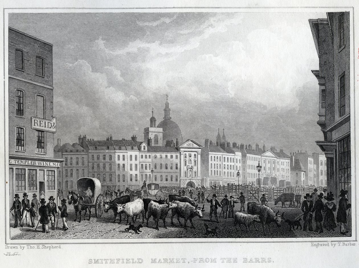 Mercado de Smithfield desde los Barrs, grabado por Thomas Barber, c.1830 de Thomas Hosmer Shepherd