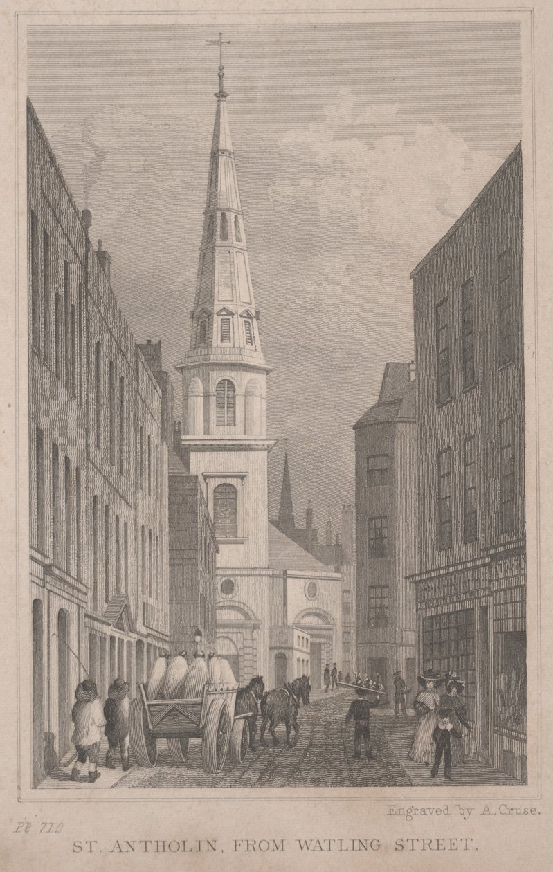San Antholin, desde Watling Street, grabado por A. Cruse, c.1830 de Thomas Hosmer Shepherd