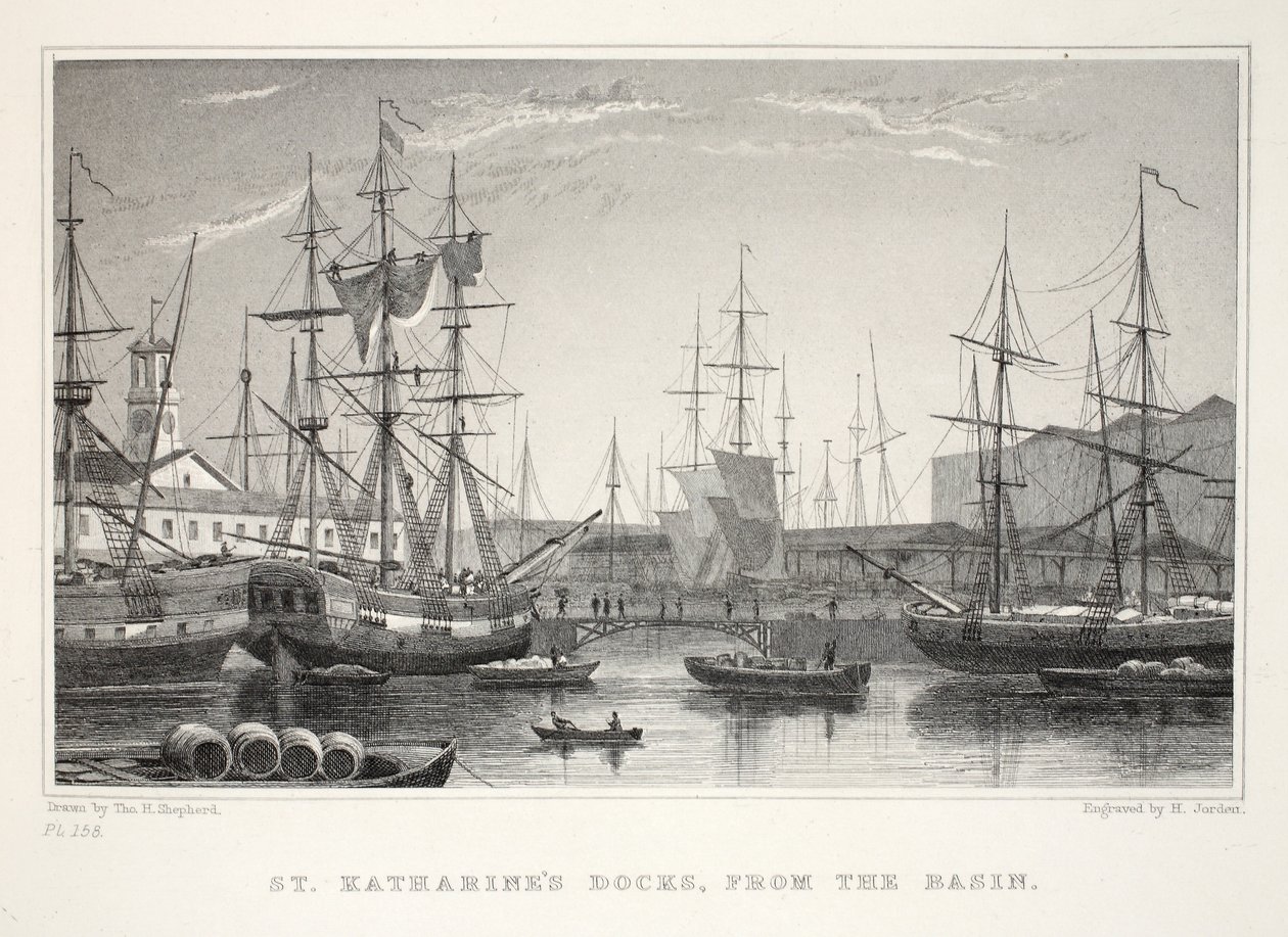 St Katherine Docks, desde el Basin, Tower, de Londres y sus alrededores en el siglo XIX pub. Jones und Co., 1827-1829 de Thomas Hosmer Shepherd