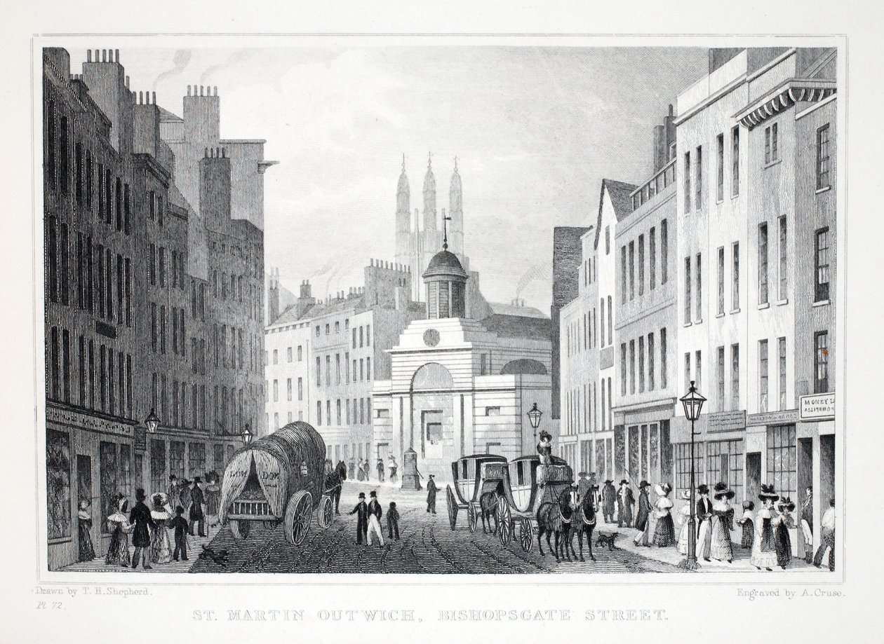 St Martin Outwich, Bishopsgate Street, de Londres y sus Alrededores en el Siglo XIX pub. Jones y Co., 1827-1829 de Thomas Hosmer Shepherd