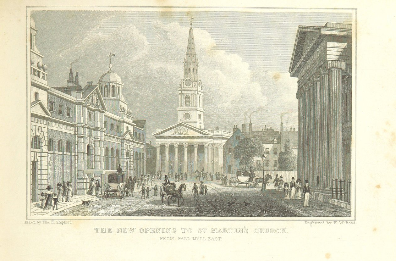 La nueva apertura de la iglesia de St Martin desde Pall Mall East, de 