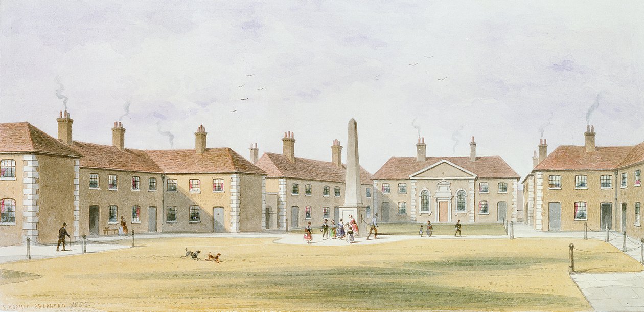 Vista de las casas de beneficencia de Charles Hopton, 1852 de Thomas Hosmer Shepherd