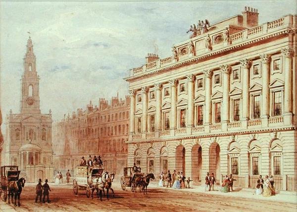 Vista de Somerset House y la Iglesia de St. Mary Le Strand de Thomas Hosmer Shepherd