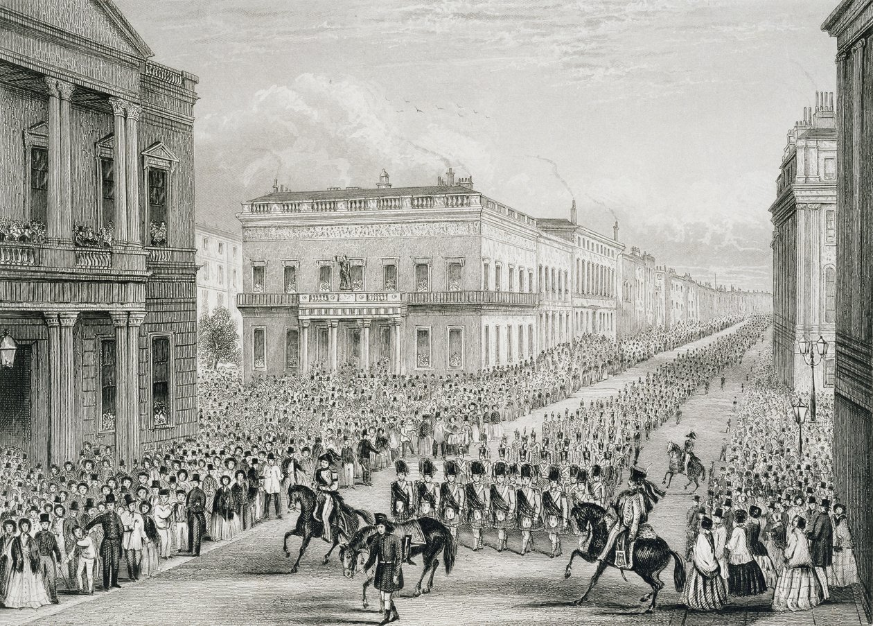 Procesión fúnebre de Wellington pasando por el Senior United Service Club, Pall Mall de Thomas Hosmer Shepherd
