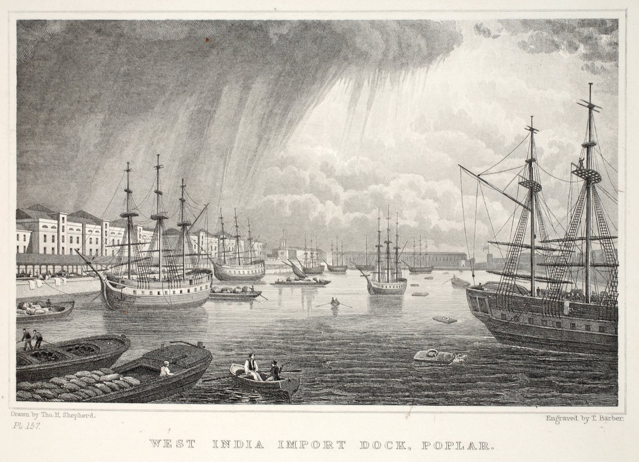 West India Docks, Isla de Perros, de Londres y sus alrededores en el siglo XIX pub. Jones y Co., 1827-1829 de Thomas Hosmer Shepherd