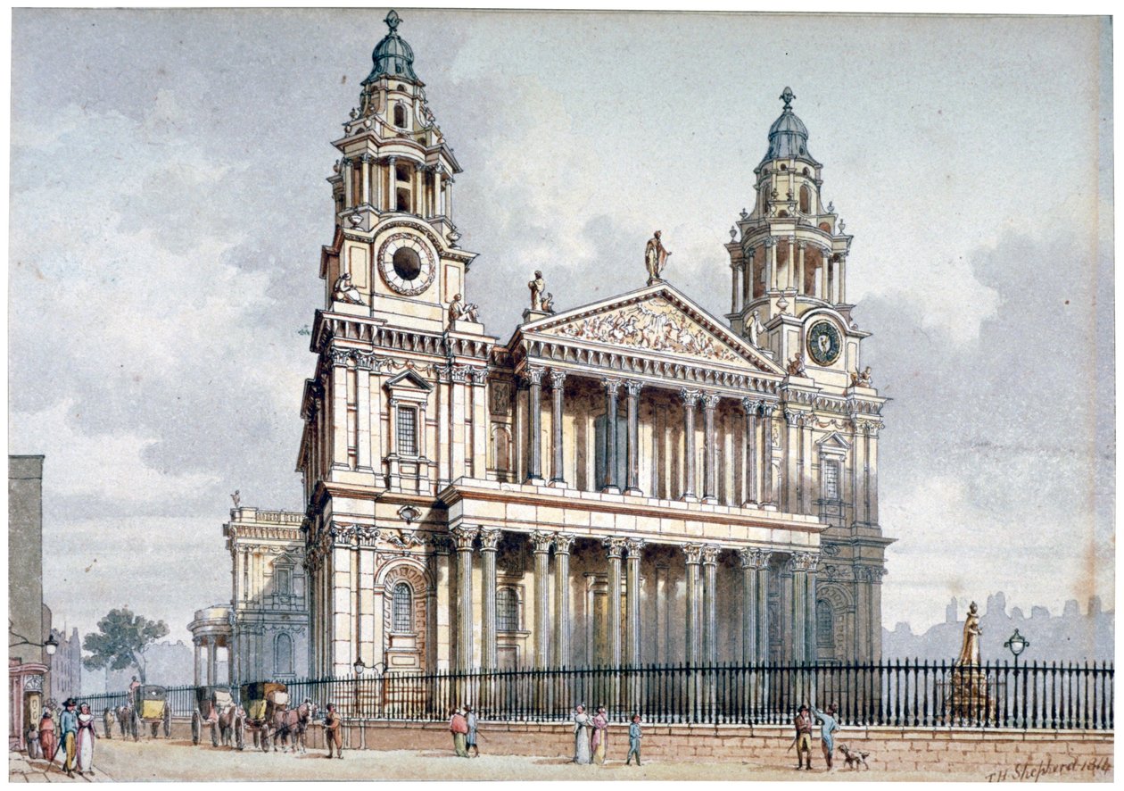 Fachada oeste de la Catedral de San Pablo, Ciudad de Londres, 1814 de Thomas Hosmer Shepherd