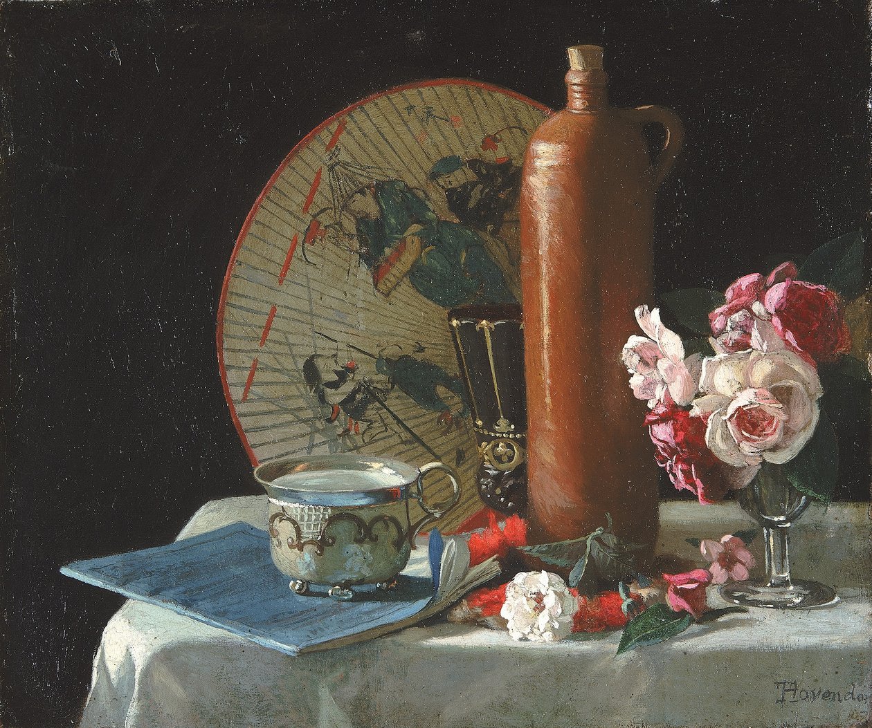 Bodegón con abanico y rosas de Thomas Hovenden