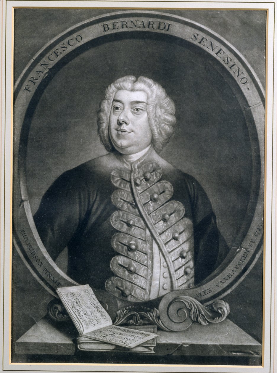 Retrato de Francesco Bernardi Senesino, un castrato sienés, grabado por Alexander van Haecken, 1735 de Thomas Hudson