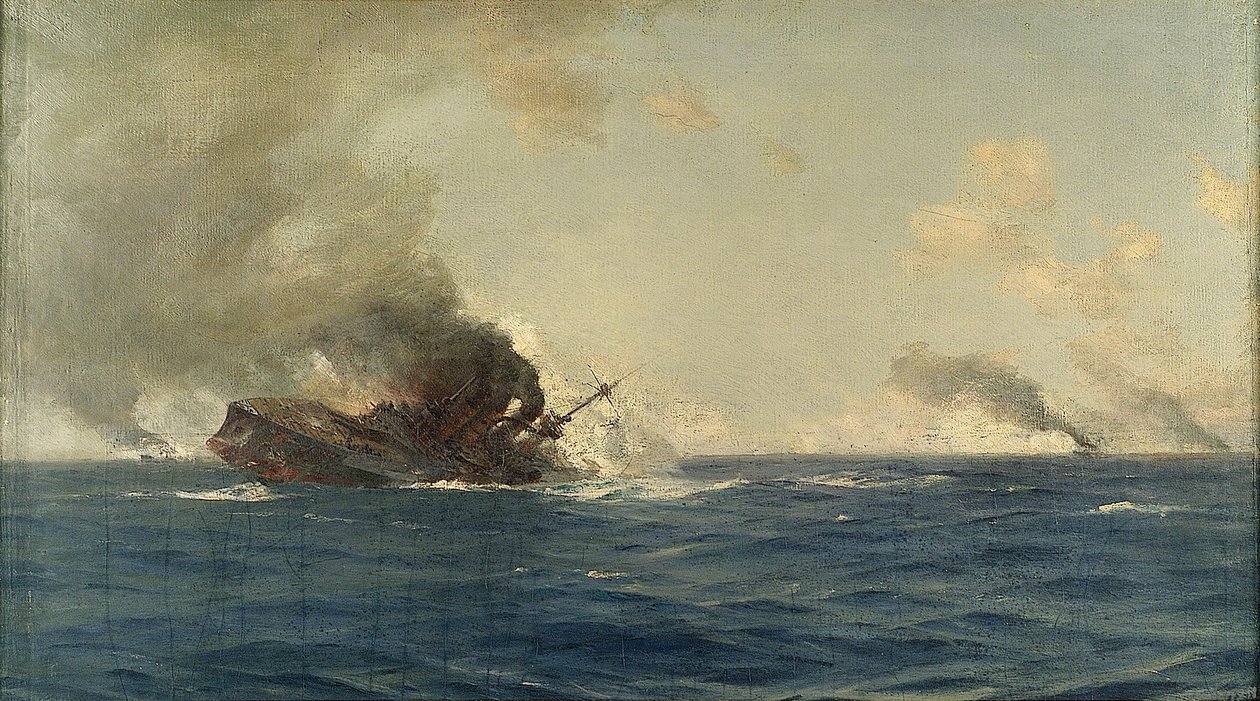 Hundimiento del "Scharnhorst" en la Batalla de las Islas Malvinas, 8 de diciembre de 1914, c.1915 (óleo sobre lienzo) de Thomas J. Somerscales