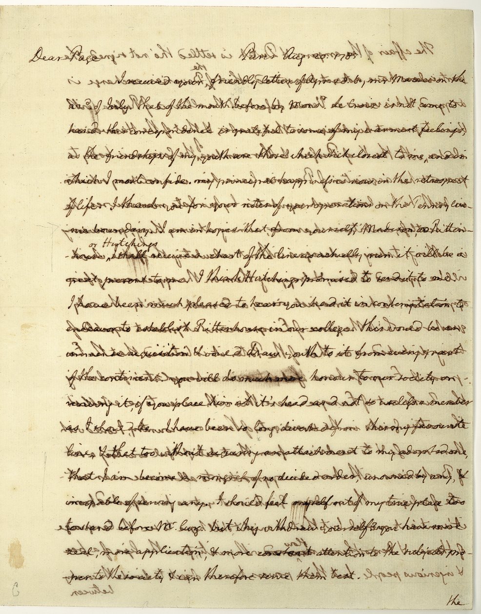 Carta autógrafa firmada como Ministro de EE.UU. en Francia, al Dr. John Page de Thomas Jefferson
