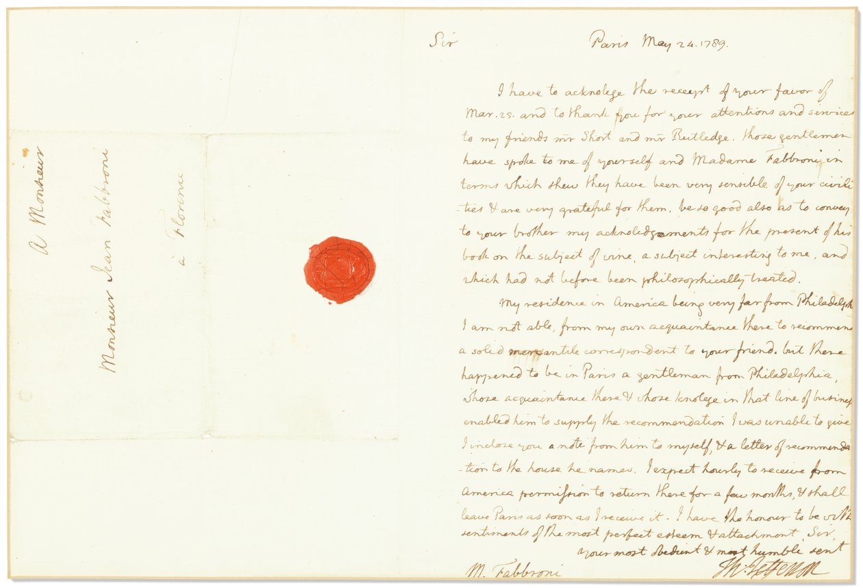 Carta autógrafa firmada como Embajador de Estados Unidos en Francia, a Giovanni Fabbroni, París, 24 de mayo de 1789 de Thomas Jefferson