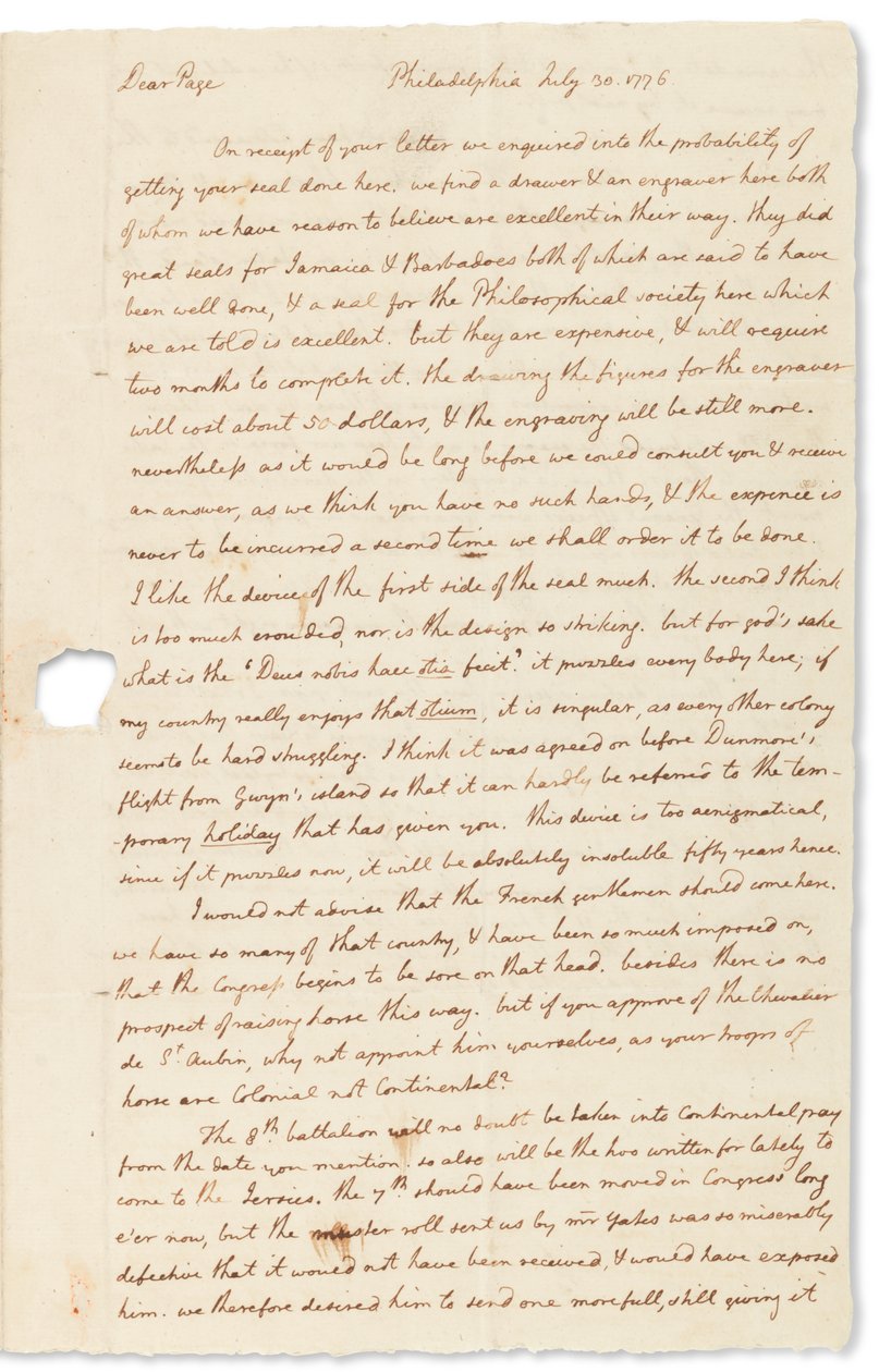 Carta autógrafa a John Page, Filadelfia, 30 de julio de 1776 de Thomas Jefferson