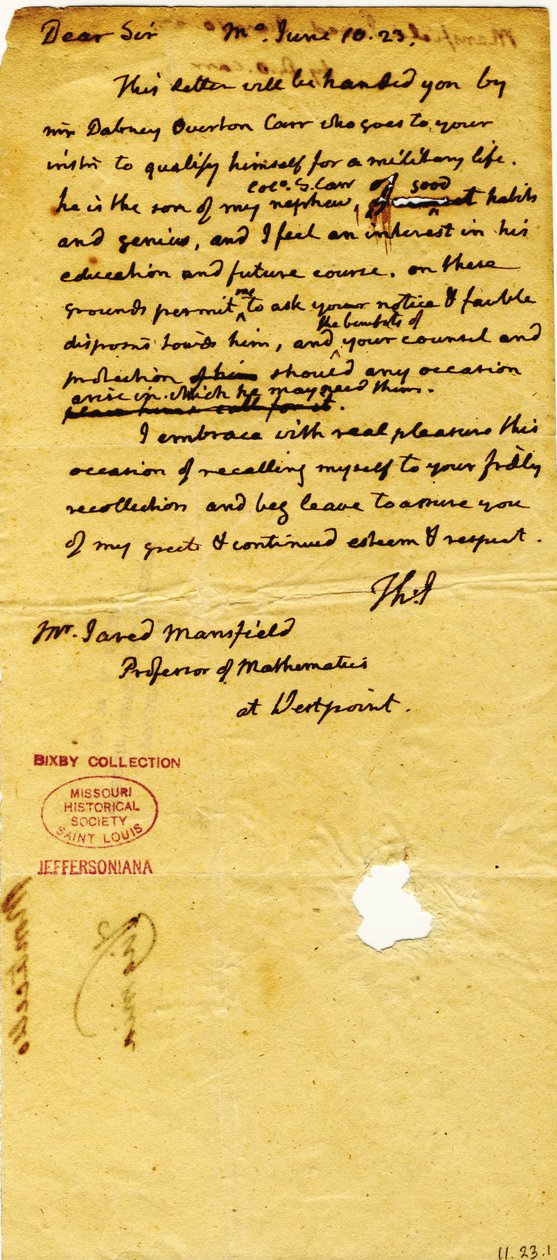 Carta de Thomas Jefferson (solo iniciales), Monticello, a Jared Mansfield, profesor de matemáticas en West Point, 10 de junio de 1823 de Thomas Jefferson