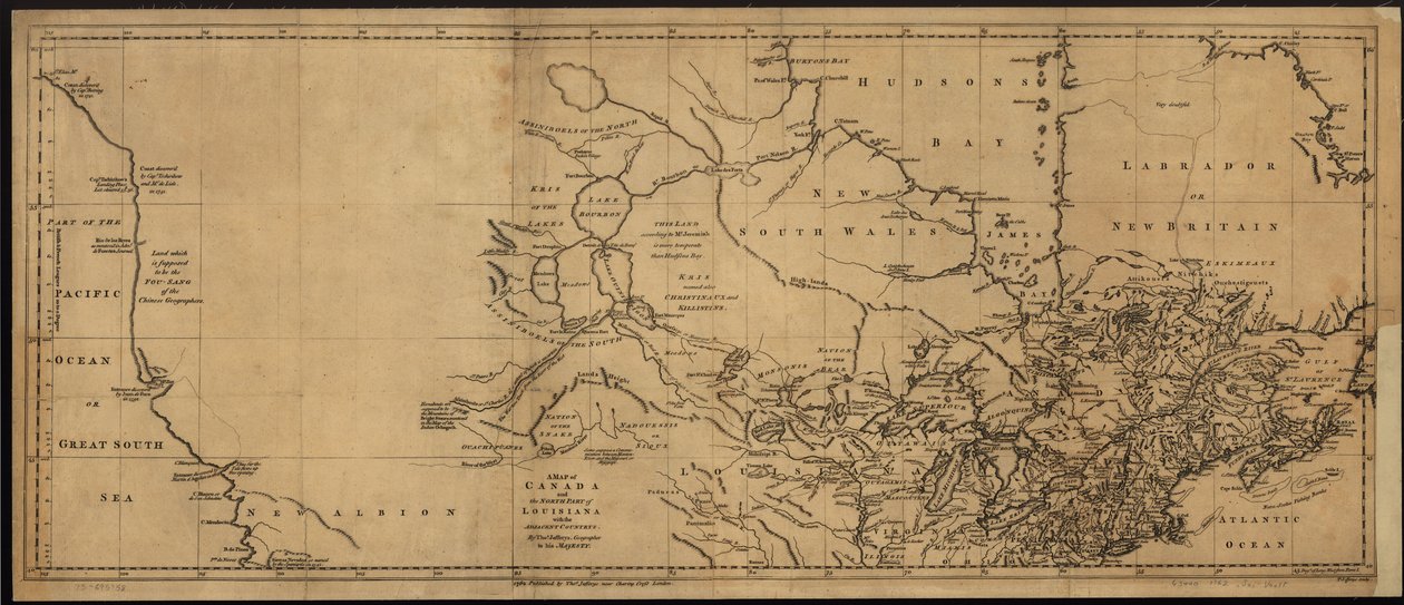 Mapa de Canadá y la parte norte de Luisiana con los países adyacentes. LOC 73695758 de Thomas Jefferys