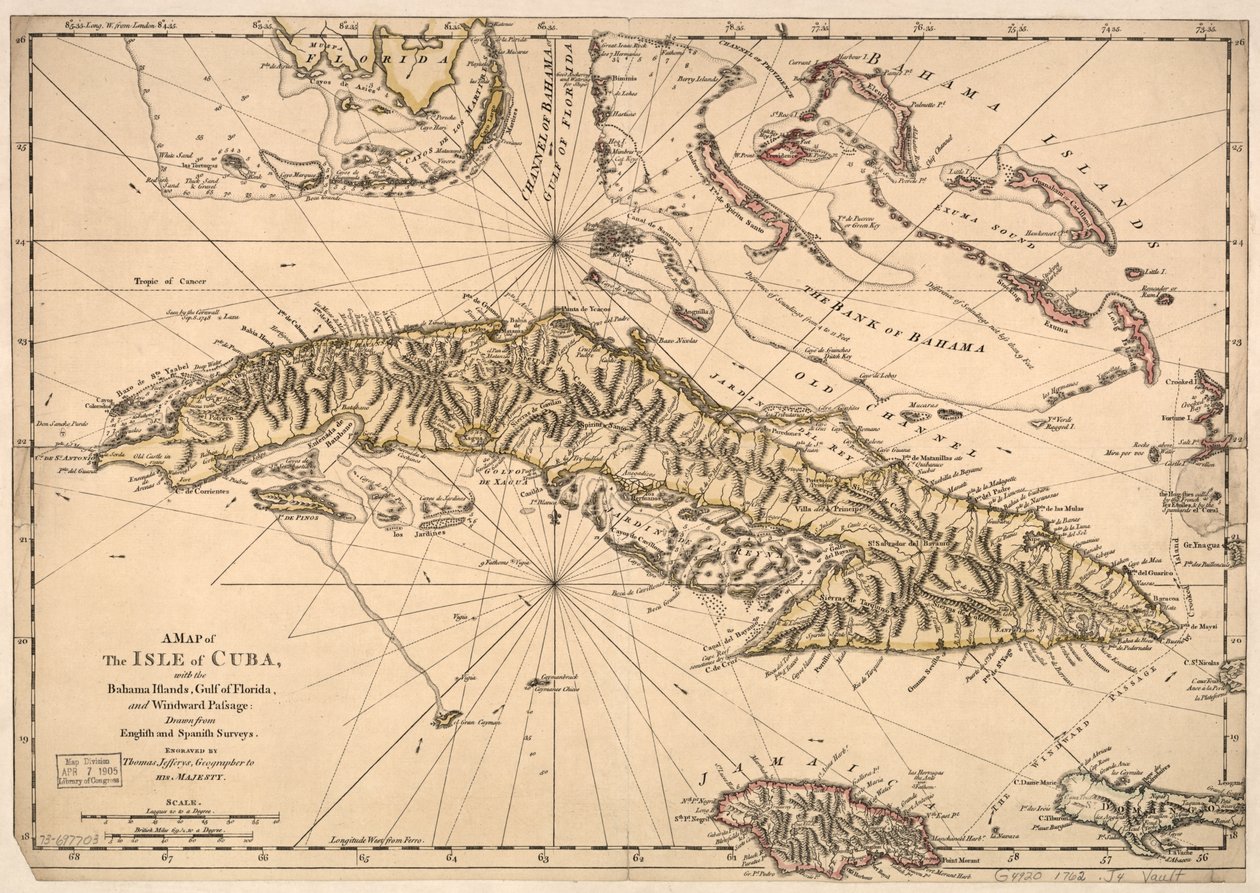 Mapa de la isla de Cuba, con las islas Bahamas, el golfo de Florida y el paso de Barlovento - Dibujado a partir de levantamientos ingleses y españoles. LOC 73697703 de Thomas Jefferys