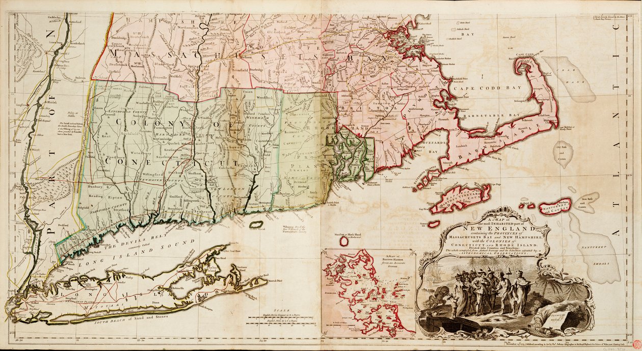 Mapa de la parte más habitada de Nueva Inglaterra, que contiene las provincias de Massachusetts Bay y New Hampshire con las colonias de Connecticut y Rhode Island. de Thomas Jefferys
