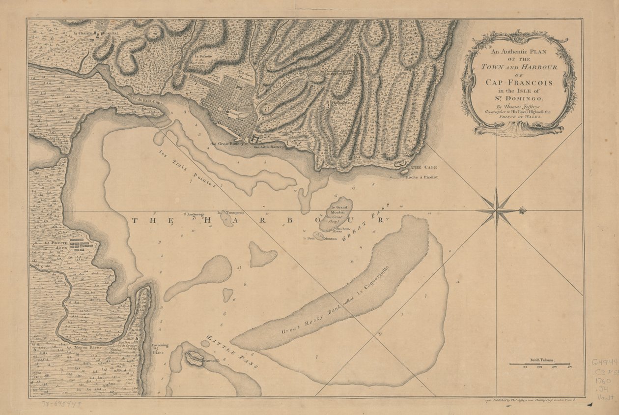 Plano auténtico de la ciudad y el puerto de Cap-François, en la isla de Santo Domingo. LOC 73695949 de Thomas Jefferys