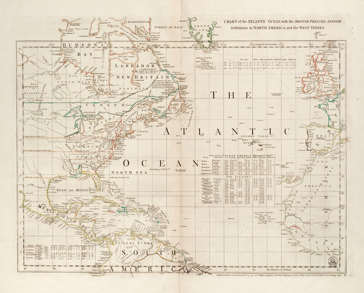 Carta del Océano Atlántico, con los asentamientos británicos, franceses y españoles en América del Norte y las Indias Occidentales de Thomas Jefferys