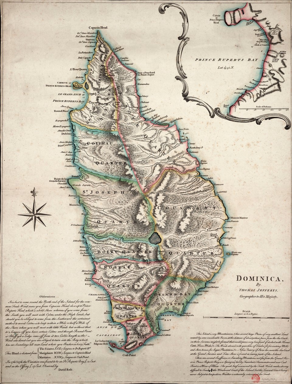 Mapa en color de Dominica con observaciones geográficas detalladas, c.1760 (grabado coloreado a mano) de Thomas Jefferys