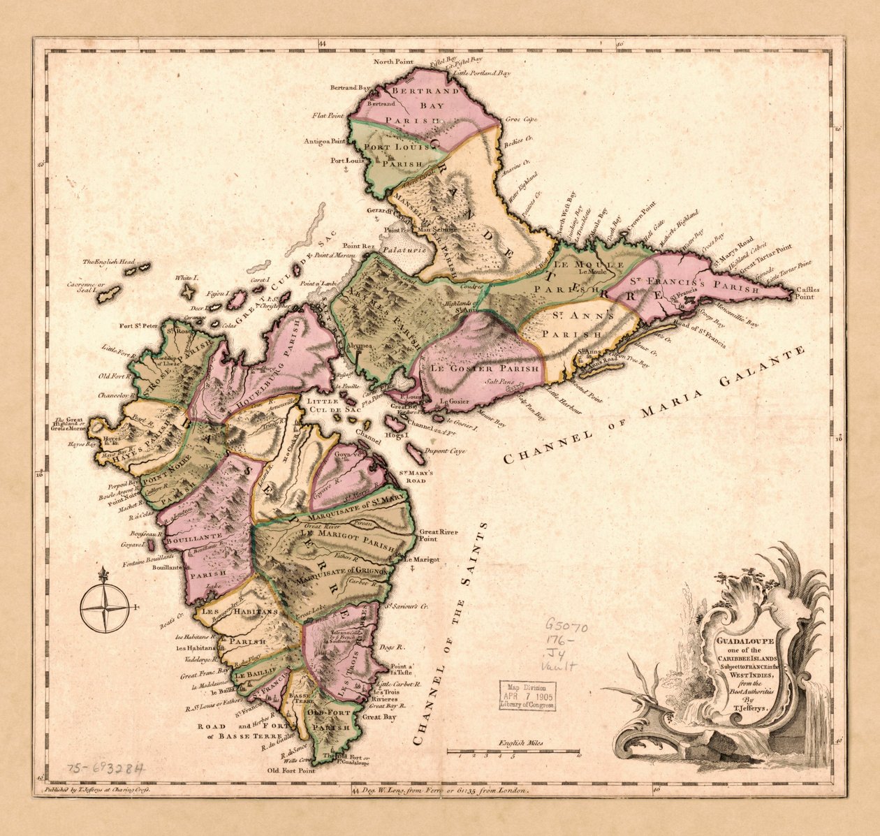 Guadalupe una de las Islas Caribes sometidas a Francia en las Indias Occidentales, LOC 75693284 de Thomas Jefferys