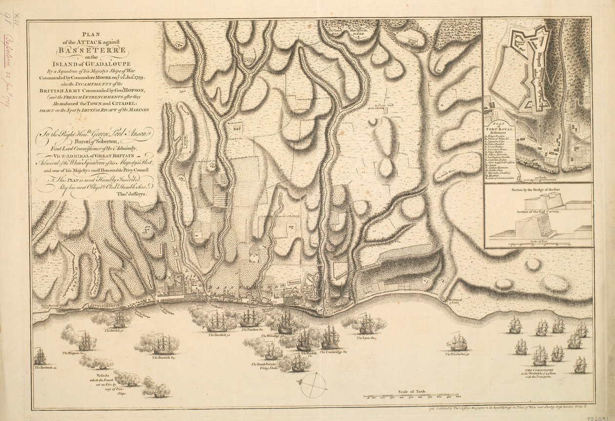 PLAN DEL ATAQUE CONTRA BASSETERRE EN LA ISLA DE GUADALOUPE POR UNA ESCUADRA DE BUQUES DE GUERRA DE SU MAJESTAD MANDO POR EL COMODOR MOORE EL 22 DE ENERO DE 1759, TAMBIEN LOS INCAMBIOS DEL EJÉRCITO BRITÁNICO MANDO POR EL GENERAL HOPSON, Y LA INTRENCHEMBRE F de Thomas Jefferys