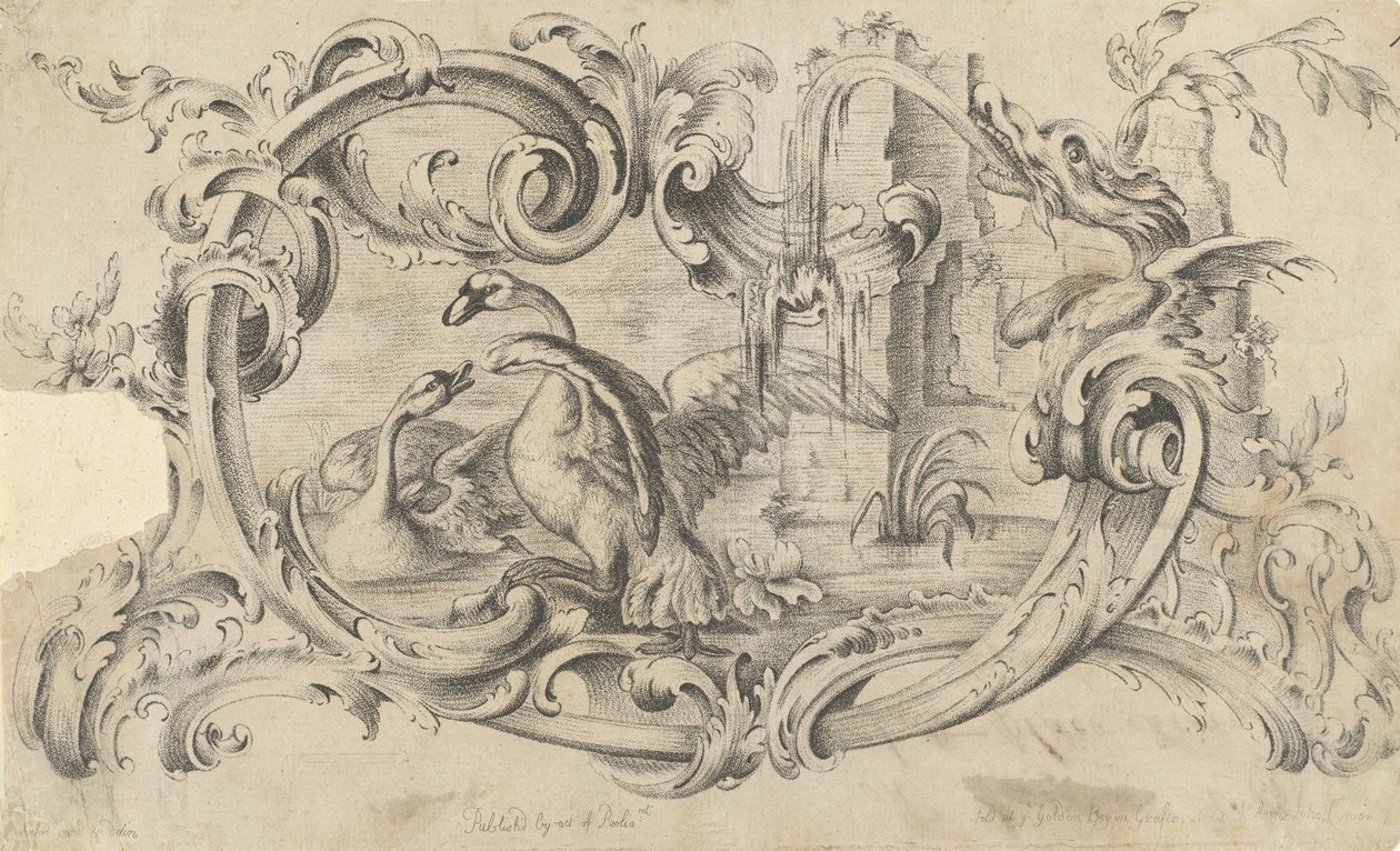Diseño para una Tableta para una Chimenea con Dos Cisnes en Combate, Encerrados dentro de un Pergamino de Thomas Johnson