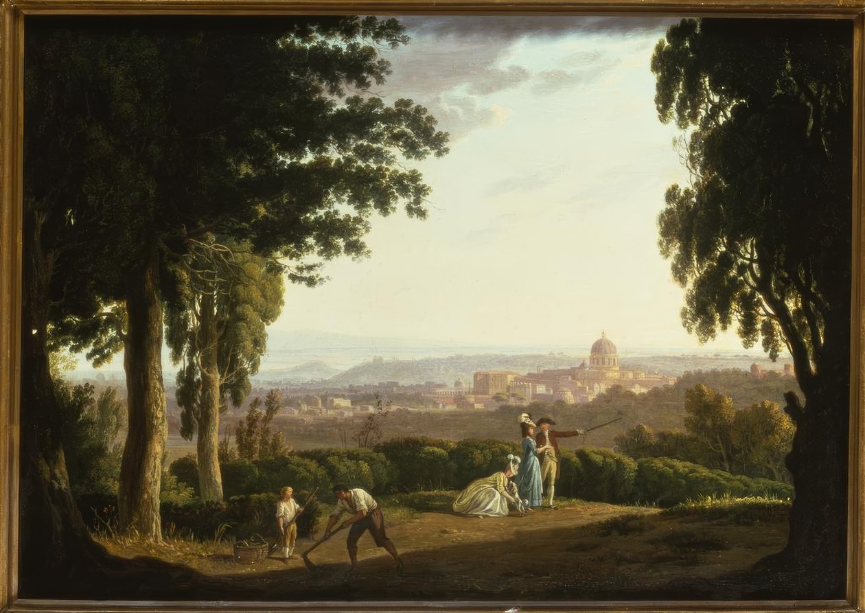 Figuras elegantes en una colina con una vista distante de Roma de Thomas Jones