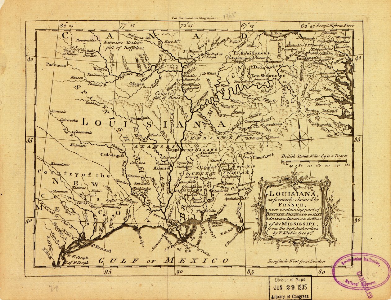 Luisiana, reclamada antiguamente por Francia, que ahora contiene parte de la América británica al este y de la América española al oeste del Mississippi. LOC 77690498 de Thomas Kitchin