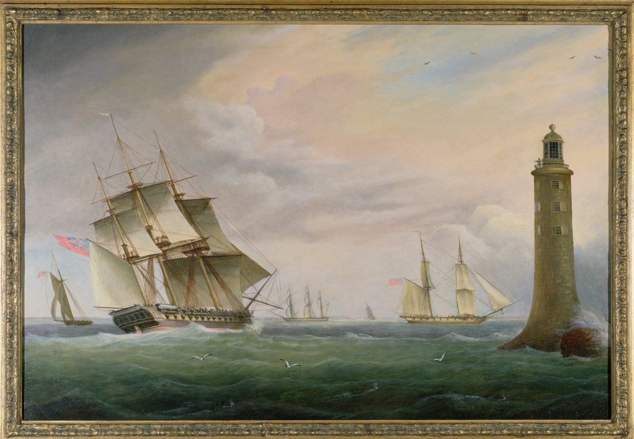 Una fragata y un bergantín naval pasando el faro de Eddystone de Thomas L. Hornbrook