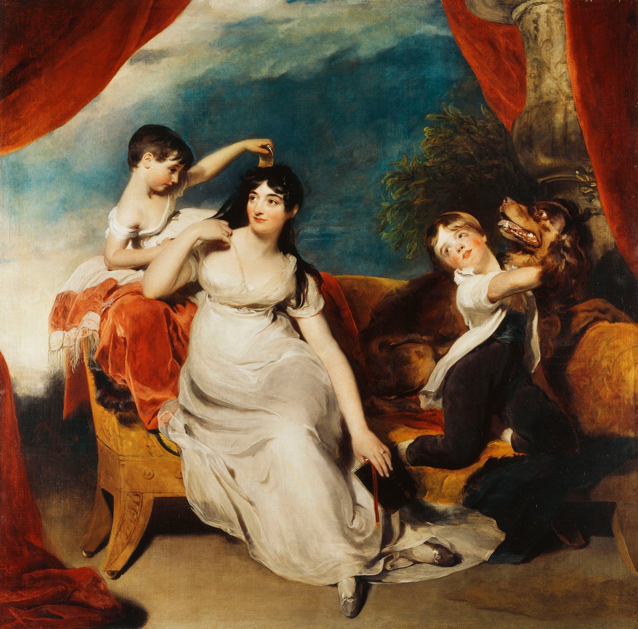 Retrato de grupo de la Sra. Henry Baring y dos de sus hijos y un perro grande, un paisaje al fondo, c.1817-1824 de Thomas Lawrence