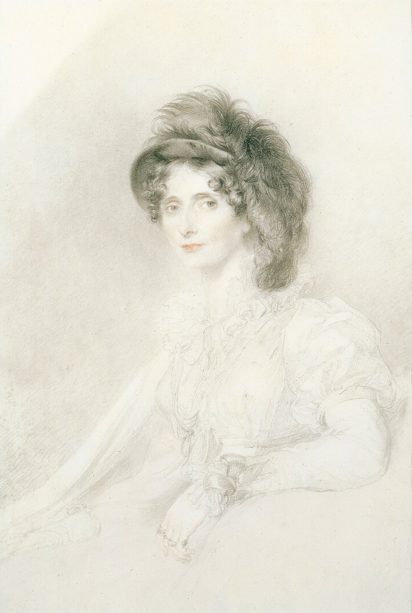 Retrato de Elizabeth, Duquesa de Devonshire (1758-1824), sentada, medio cuerpo, con un gran sombrero de plumas de Thomas Lawrence