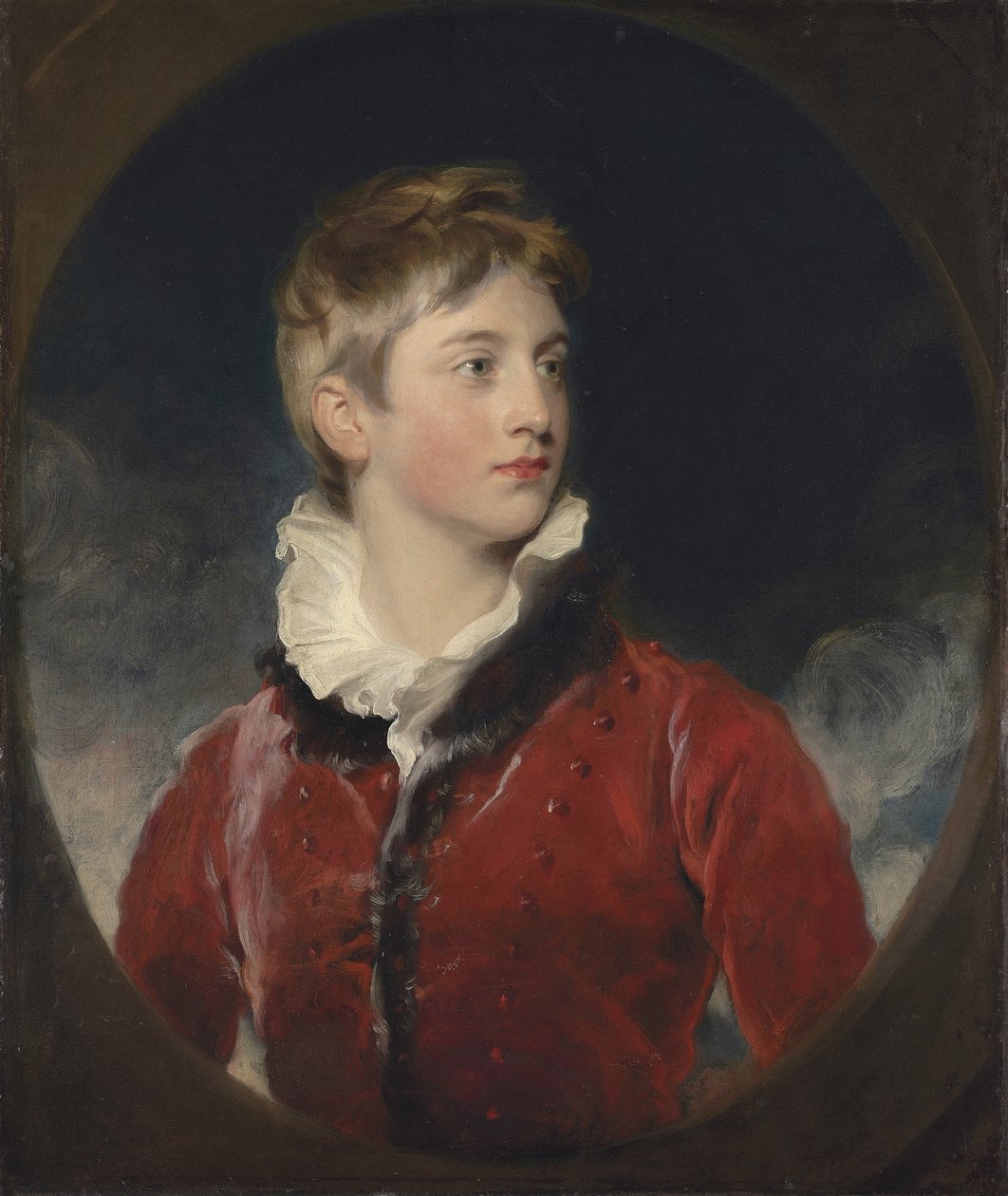 Retrato de Frederick William Stewart, 4º Marqués de Londonderry, K.P., M.P. (1805-1872) cuando era niño, medio cuerpo, con un abrigo rojo, en un óvalo fingido de Thomas Lawrence