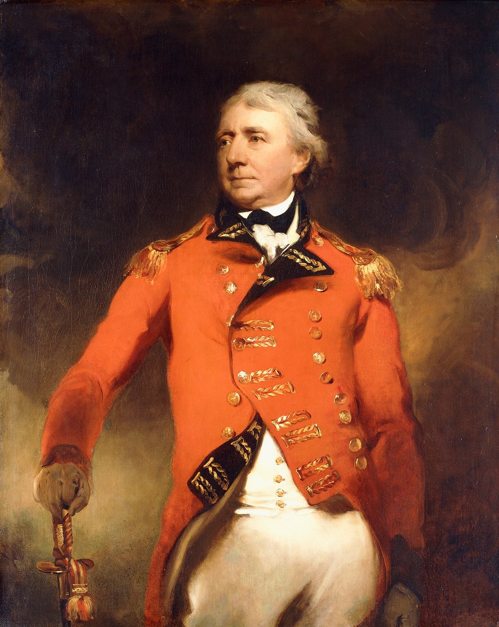 Retrato del general James Stuart de pie, tres cuartos de longitud, vistiendo un uniforme rojo con adornos dorados de Thomas Lawrence