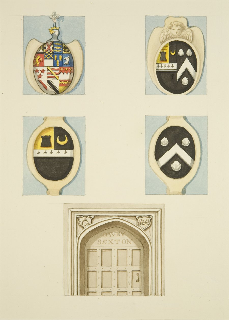 Escudos de armas y enjutas sobre la puerta en la casa del sacristán en Whitson Court de Thomas Leeson the Elder Rowbotham