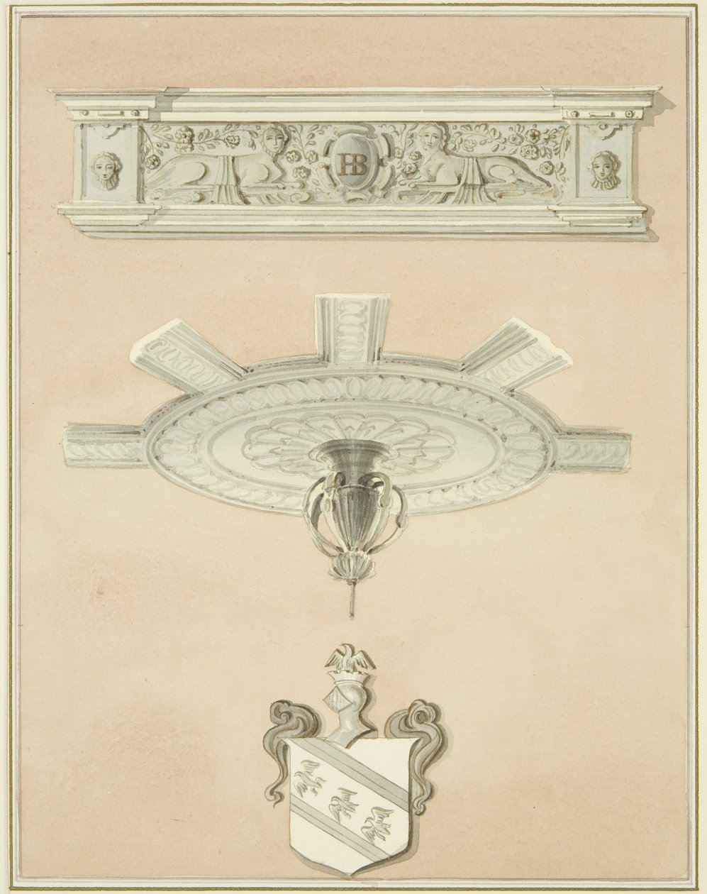 Detalles de la sala en la Biblioteca de Derecho, incluyendo colgante central del techo y cornisa de Thomas Leeson the Elder Rowbotham