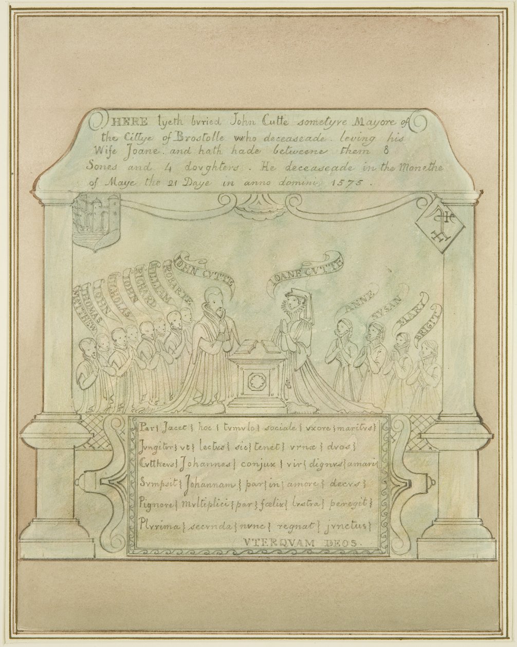 Placa mural de John Cutte en la Iglesia de Burnett de Thomas Leeson the Elder Rowbotham