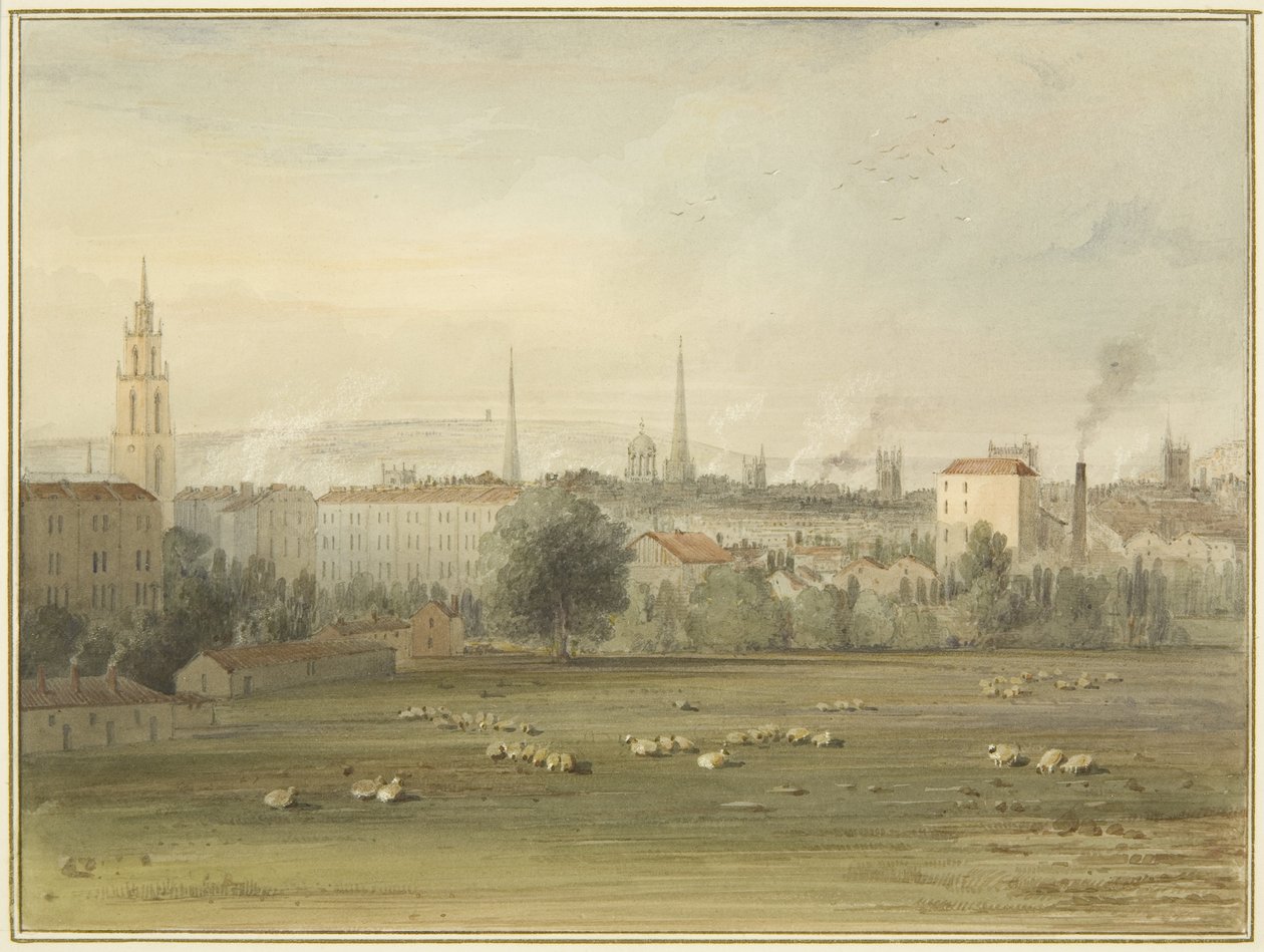 Cerca de Stokes Croft con una vista del horizonte de Bristol (sitio del ascenso en globo de Sadler y Clayfield en 1810) de Thomas Leeson the Elder Rowbotham