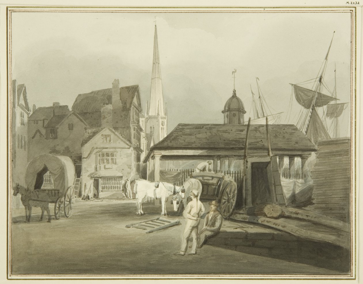 Extremo noreste de King Street, mostrando el Mercado Galés en 1802 de Thomas Leeson the Elder Rowbotham
