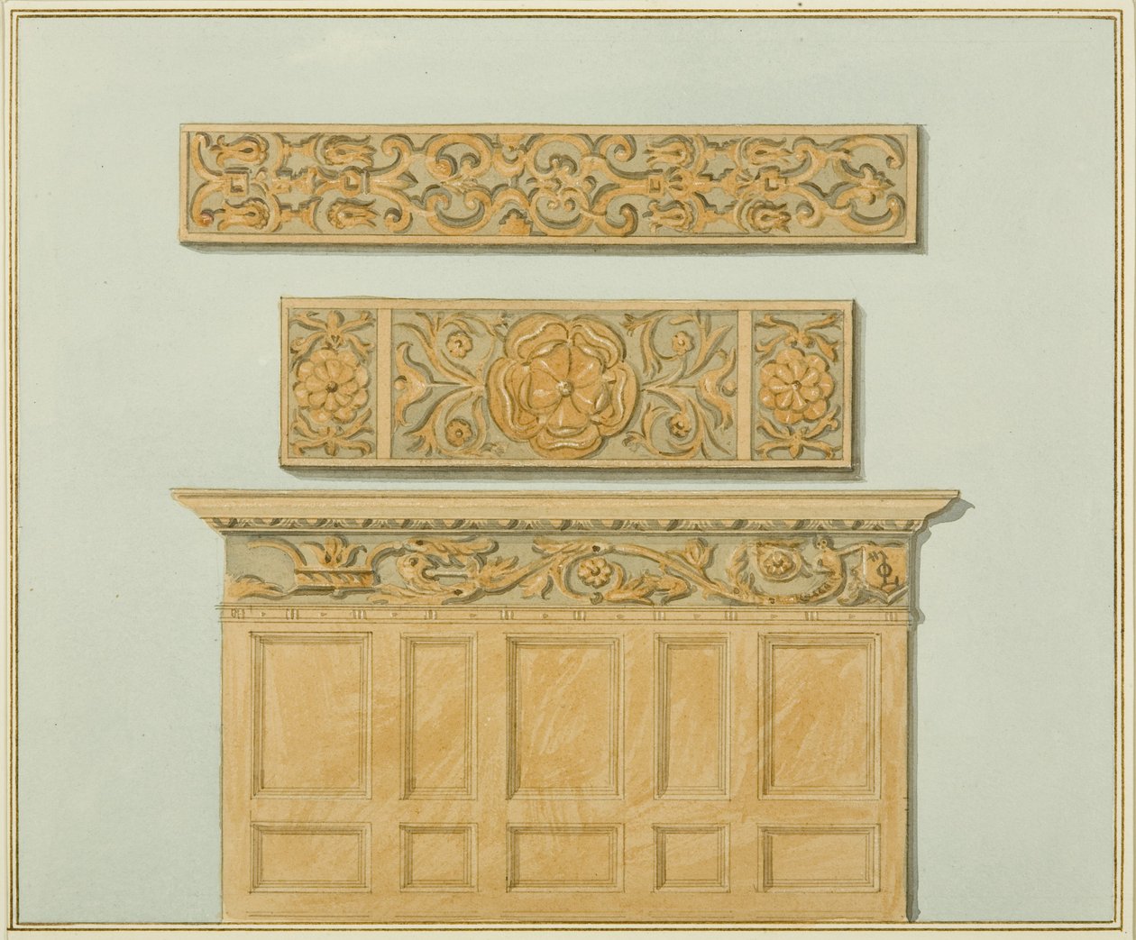 Partes del panelado y friso en Langton Mansion, en la parte trasera de Thomas Leeson the Elder Rowbotham