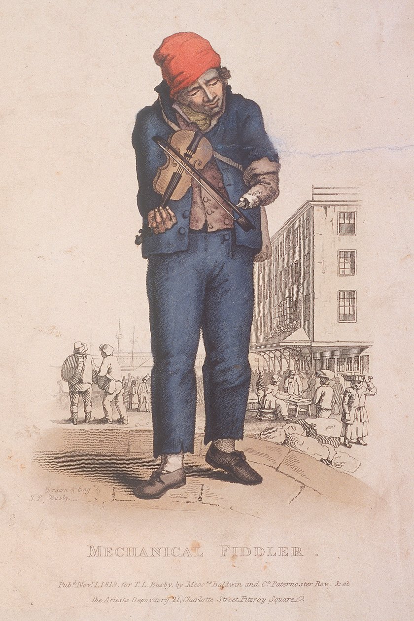 Violinista con brazo protésico, con un mercado en el fondo, 1820 de Thomas Lord Busby