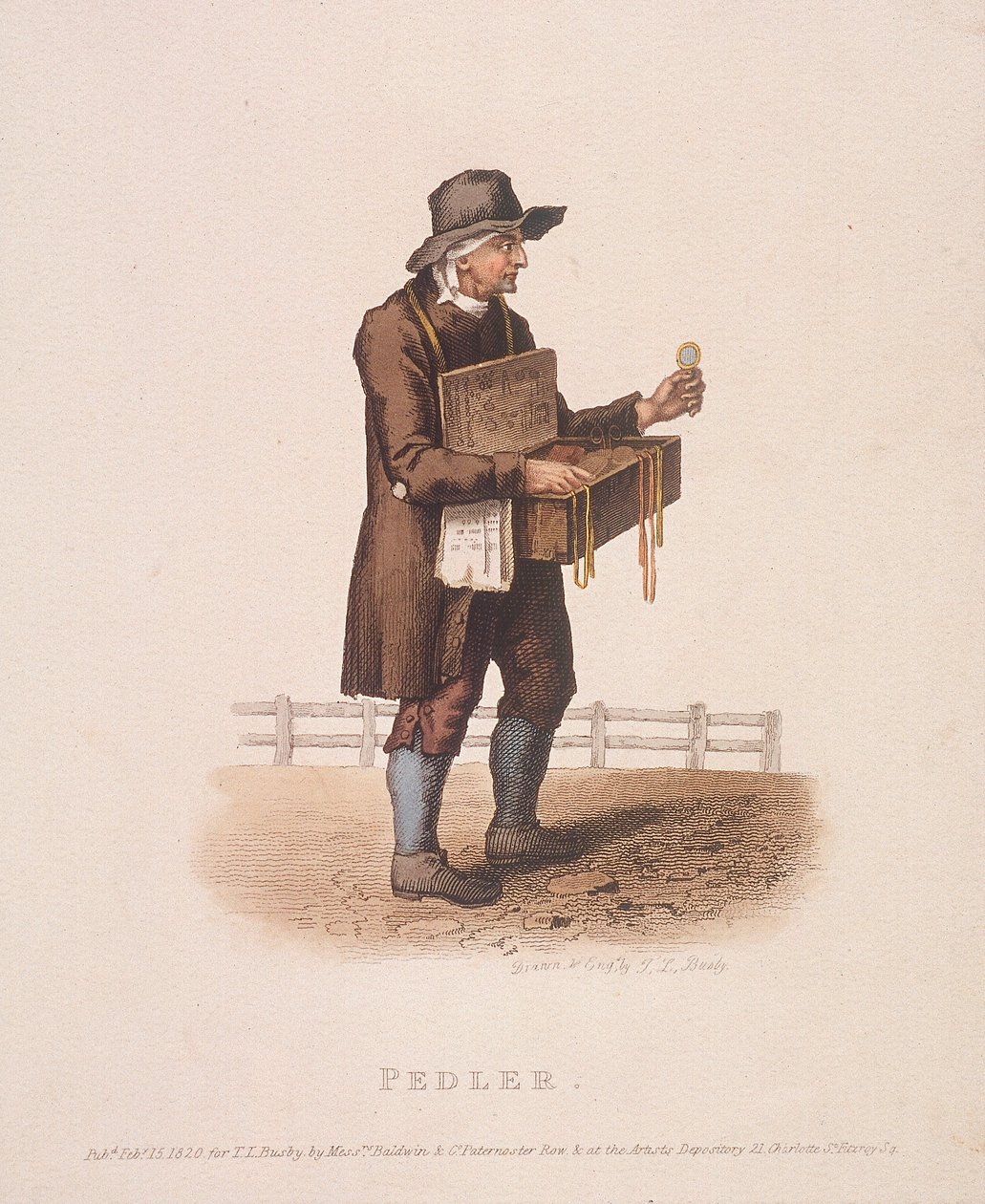 Vendedor ambulante con su caja de mercancías colgada al cuello de Thomas Lord Busby