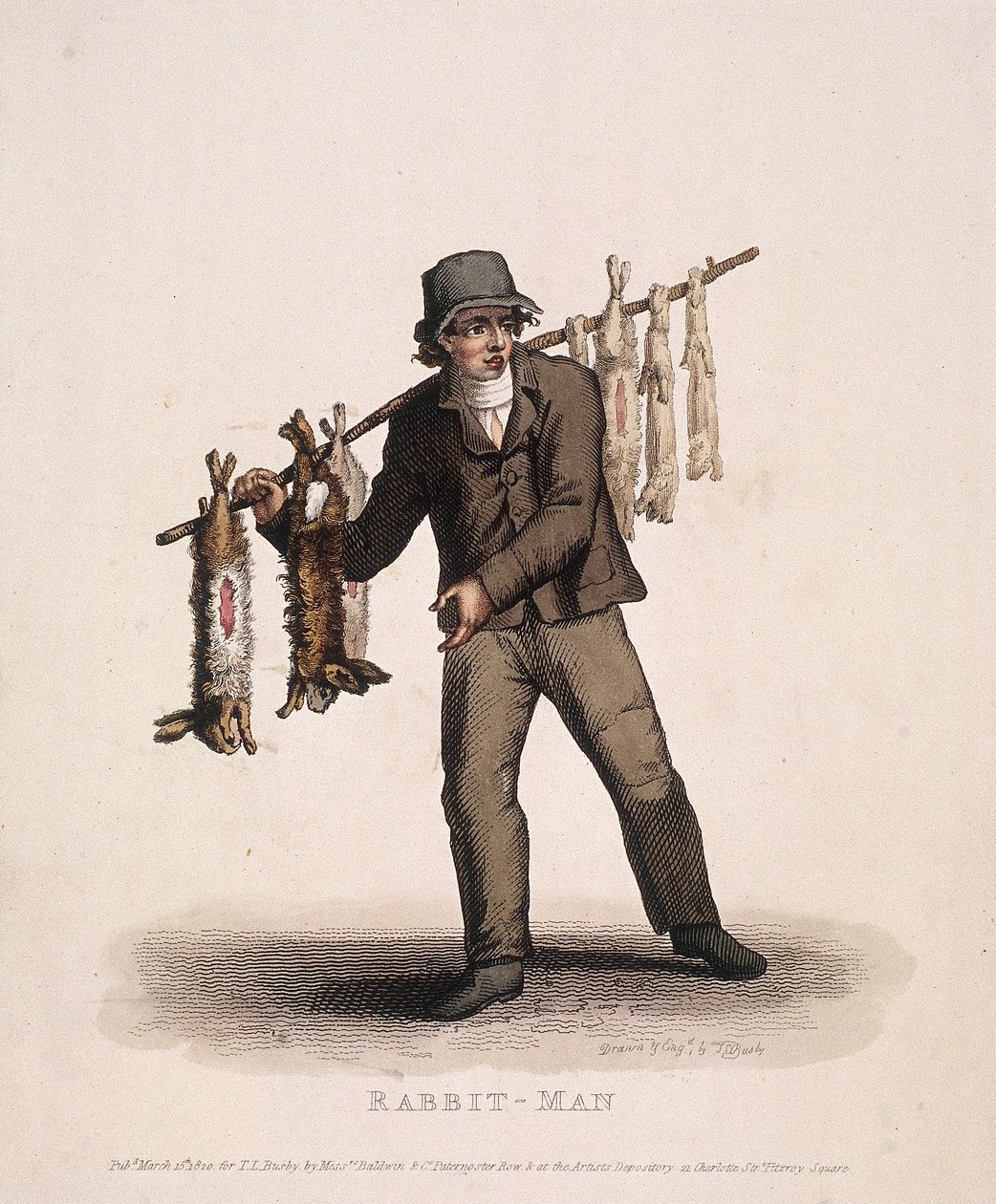 Vendedor de conejos llevando un palo con conejos colgados de Thomas Lord Busby