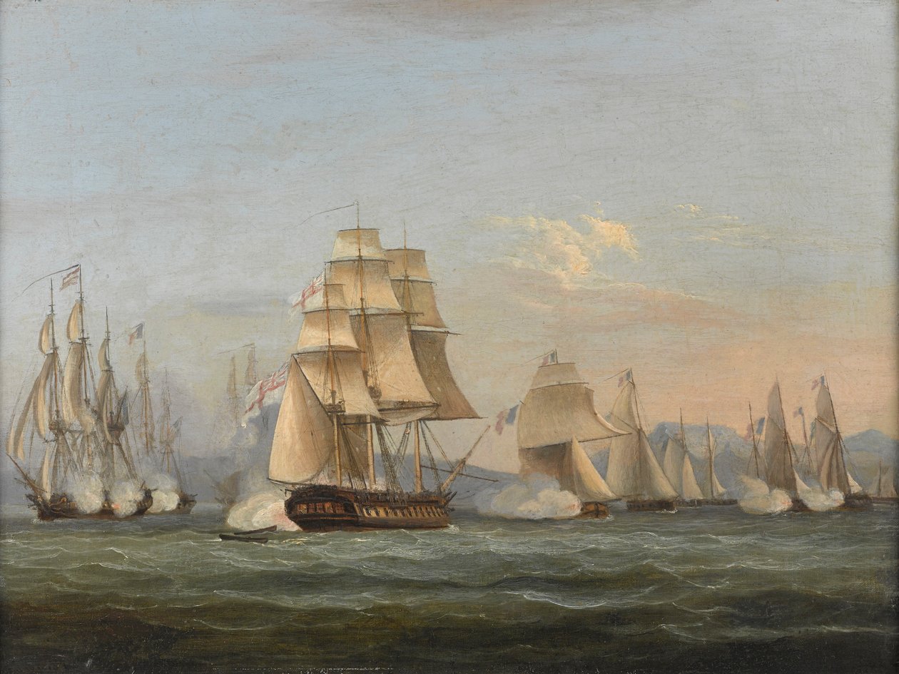 HMS Spartan y fragatas francesas: Comienzo de la acción, 3 de mayo de 1810 (Bahía de Nápoles) (óleo sobre lienzo) de Thomas Luny
