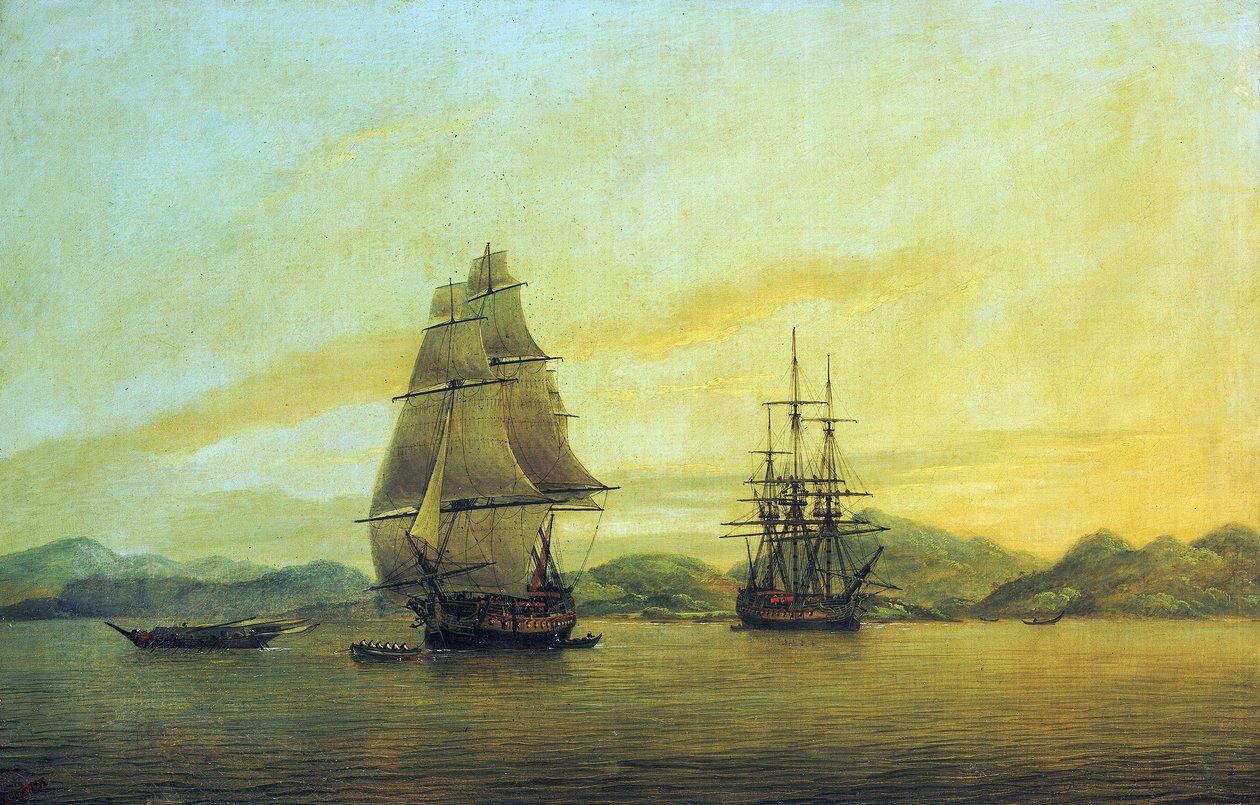 El buque mercante "Hindustan" de la Compañía de las Indias Orientales y otros barcos, incluidos juncos, anclados frente a la costa china. de Thomas Luny