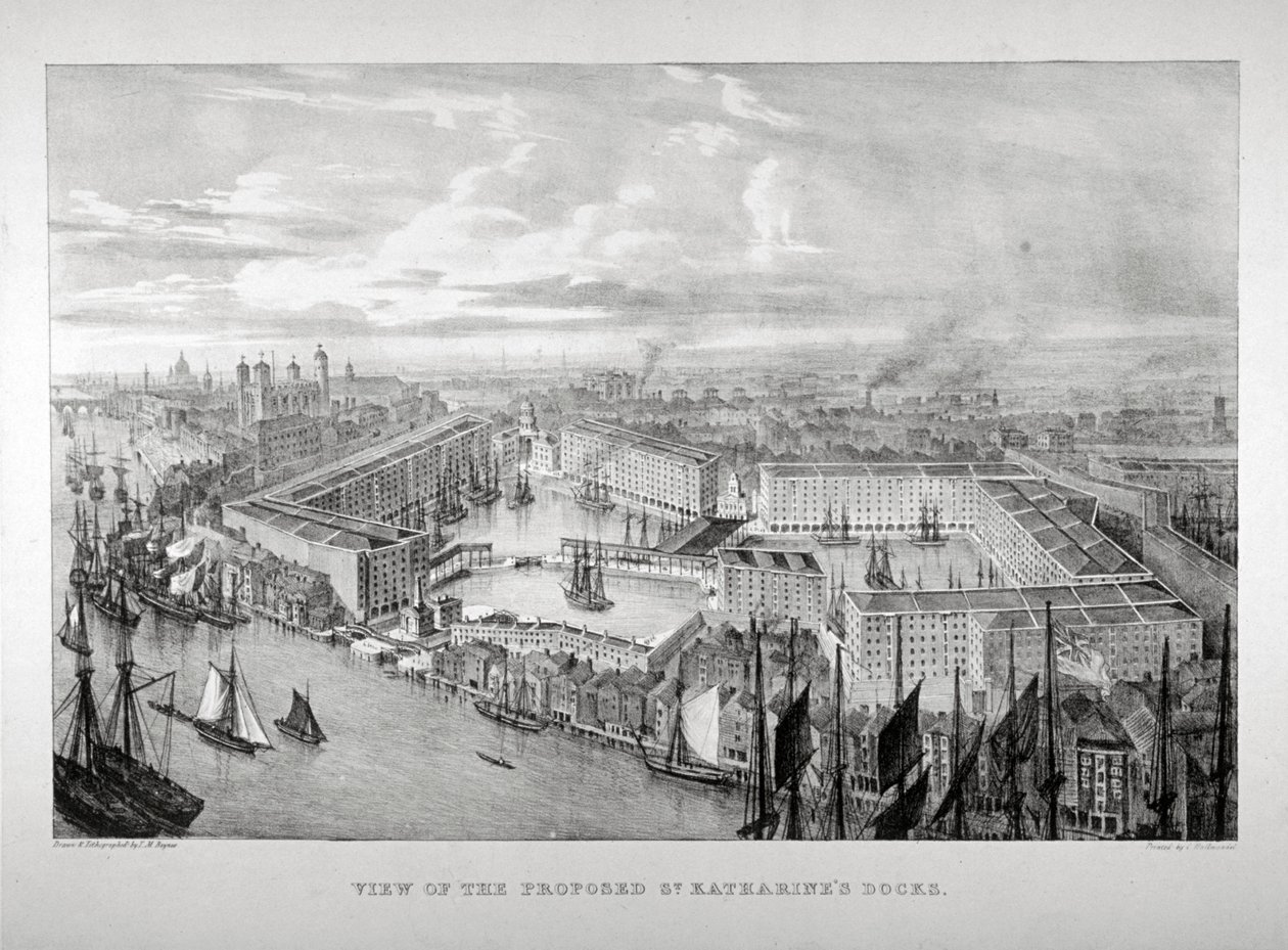 Vista del propuesto muelle de St Katharine, Londres, c. 1825 de Thomas Mann Baynes