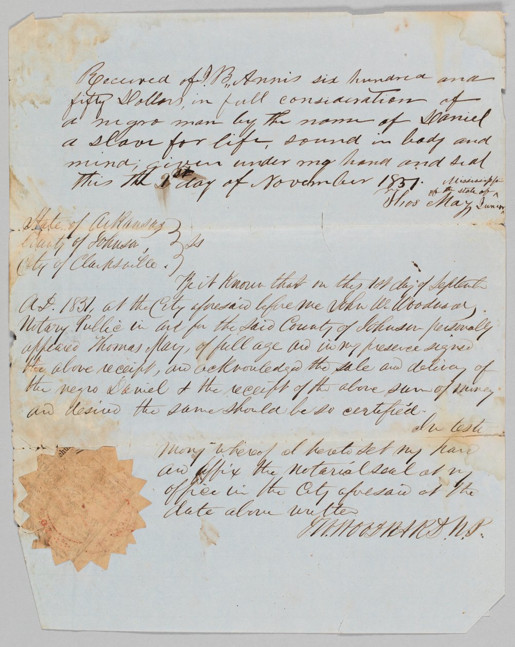Factura de venta de un hombre llamado Daniel a Jerome B. Annis, 1 de noviembre de 1851 de Thomas May
