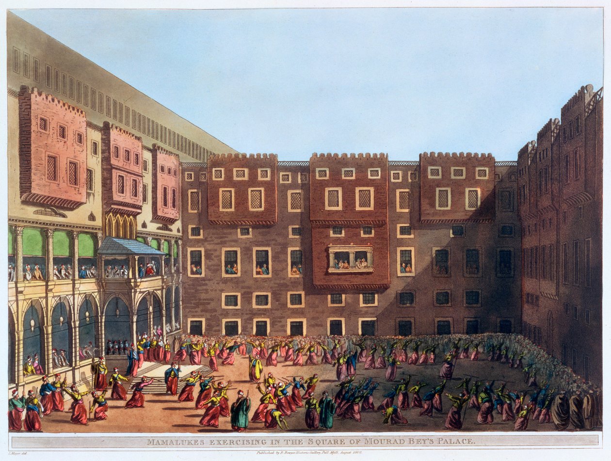 Mamelucos ejercitándose en la plaza del palacio de Mourad Bey, El Cairo, Egipto, 1802 de Thomas Milton