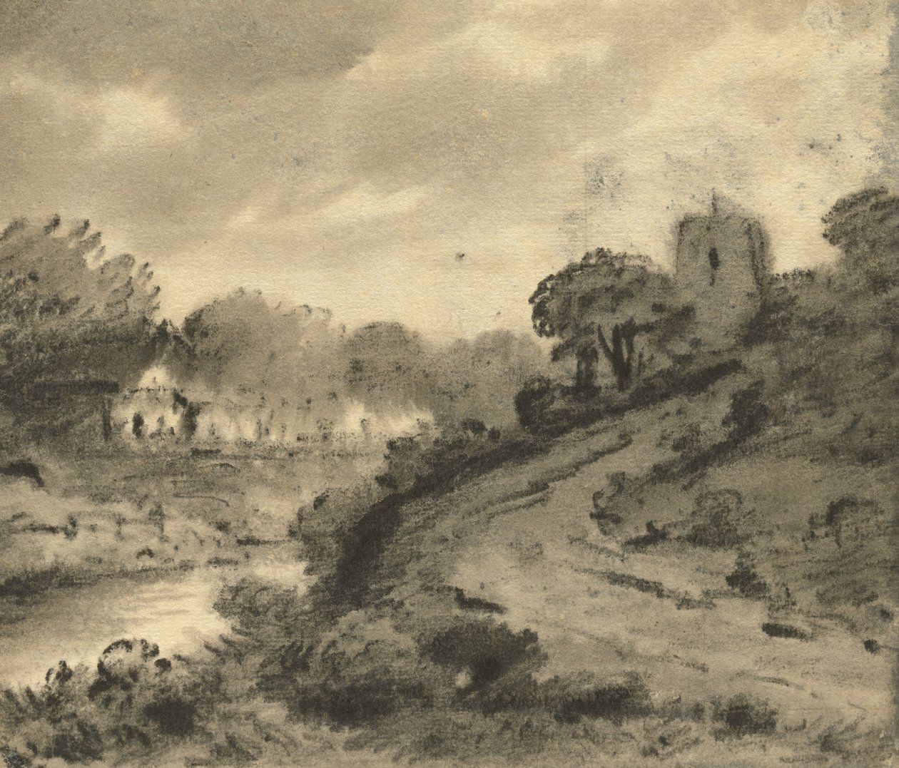 Paisaje fluvial boscoso con una roca en el primer plano izquierdo, c.1800 de Thomas Monro